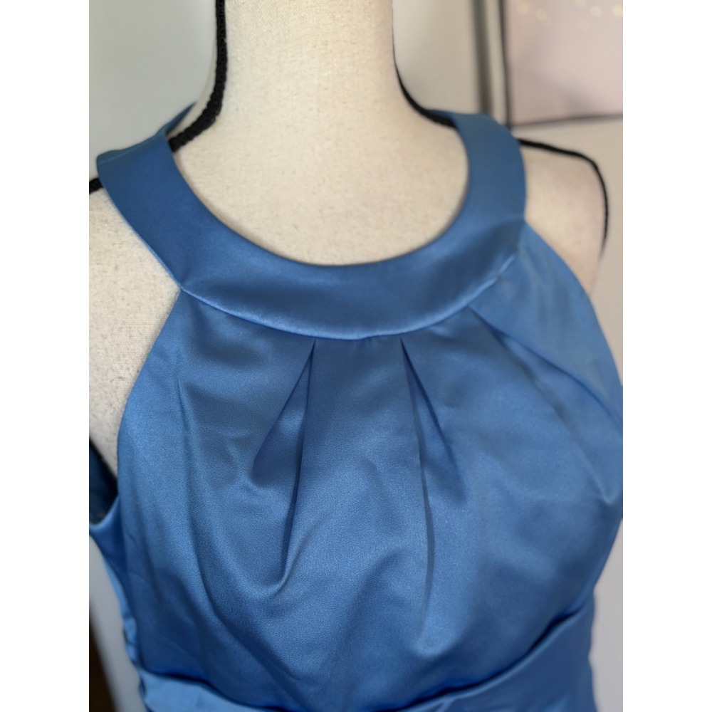 David's Bridal Satin Halter Cocktail Dress Sz10 Horizon Blue (Pool) Ruched Waist - Picture 5 of 9